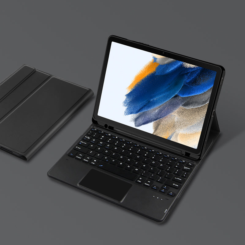 Pro Samsung Galaxy Tab A8 10.5 (2021) Bluetooth klávesnice + odnímatelné pouzdro z PU kůže se slotem pro pero a touchpadem Pro Samsung Galaxy Tab A8 10.5 (2021) Bluetooth klávesnice + odnímatelné pouzdro z PU kůže se slotem pro pero a touchpadem